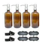 Wamaco 16oz Glass Bottle with Silver Pump, Amber, 4 Pack-Use for essential oils, sanitizer and cleaning solutions