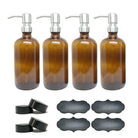 Wamaco 16oz Glass Bottle with Silver Pump, Amber, 4 Pack-Use for essential oils, sanitizer and cleaning solutions
