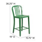Flash Furniture Commercial Grade 24" High Green Metal Indoor-Outdoor Counter Height Stool with Vertical Slat Back - 2 Pack-Designed for Indoor or Outdoor Use