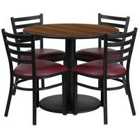 Flash Furniture 36" Round Walnut Laminate Table Set with Round Base & 4 Ladder Back Metal Chairs - Burgundy Vinyl Seat-Table and Chair Set