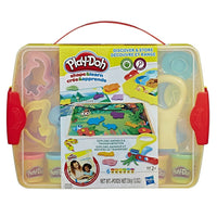 Play-Doh Shape and Learn Discover and Store-Includes junior Fun Factory tool with rail, 8 animal stampers, 5 vehicle stampers, roller, knife, 3 double-sided playmats, 6 cans of Play-Doh Brand Modeling Compound, and Together Time Guide