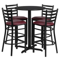 Flash Furniture 30" Round Black Laminate Table Set with X-Base & 4 Ladder Back Metal Barstools - Burgundy Vinyl Seat-Bar Height Table and Stool Set