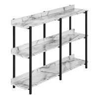 Monarch Specialties 2221 48"L Accent Table - White Marble/Black Metal Console-3-tier console table featuring a long, rectangular tabletop and 2 storage shelves in a white marble-look finish