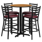Flash Furniture 30" Round Natural Laminate Table Set with X-Base & 4 Ladder Back Metal Barstools - Burgundy Vinyl Seat-Bar Height Table and Stool Set