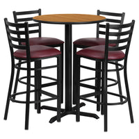 Flash Furniture 30" Round Natural Laminate Table Set with X-Base & 4 Ladder Back Metal Barstools - Burgundy Vinyl Seat-Bar Height Table and Stool Set