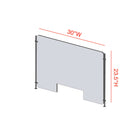 Mark Maker Rod Sneeze Guard - 30" W x 23.5" H panel 1/4" Clear Acrylic and 24" high aluminum rod set - with 4" x12" pass through-Made from 1/4” clear acrylic.