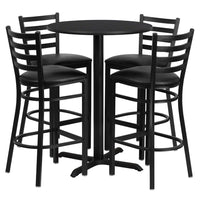 Flash Furniture 30" Round Black Laminate Table Set with X-Base & 4 Ladder Back Metal Barstools - Black Vinyl Seat-Bar Height Table and Stool Set