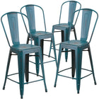 Flash Furniture Commercial Grade 24" High Distressed Kelly Blue-Teal Metal Indoor-Outdoor Counter Height Stool with Back-Curved Back with Vertical Slat