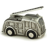 Elegance Pewter Finish Fire Truck Bank-This children fire truck bank can be engraved on the top of hood above or below the coin slot. Also give this popular bank as a thank you gift for a young ring bearer in your bridal party and it will make a great gift for a birthday or new baby welcome gift.