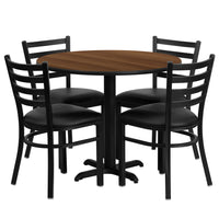 Flash Furniture – Table ronde de 36 po, stratifié noyer, base en X et 4 chaises en métal, dossier échelle, siège en vinyle noir-Ensemble de table et chaises