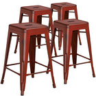 Flash Furniture Commercial Grade 24" High Backless Distressed Kelly Red Metal Indoor-Outdoor Counter Height Stool-Set of 4 Stackable Industrial Style Modern Stools