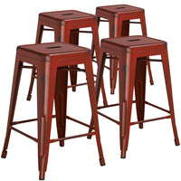Flash Furniture Commercial Grade 24" High Backless Distressed Kelly Red Metal Indoor-Outdoor Counter Height Stool-Set of 4 Stackable Industrial Style Modern Stools