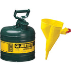 Justrite Type I Safety Cans with Funnel, 2 Gal, 9 1/2" x 13 3/4", Green-Compliant Type I Safety Cans are designed with a single spout for filling and pouring of all types of flammable liquids