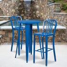 Flash Furniture Commercial Grade 30" High Blue Metal Indoor-Outdoor Barstool with Vertical Slat Back - 2 Pack-Screw Leveling Floor Glides