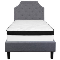 Flash Furniture - Lit à plate-forme Brighton à une place touffeté et rembourré en tissu gris clair-Ensemble de lit et matelas à plateforme à une place