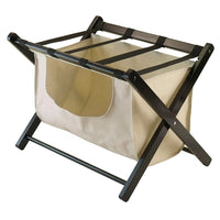 Winsome Dora Luggage Rack with removable fabric basket, Espresso-Dora Luggage Rack is perfect for your guest to unpack and store clothes with a removable polyester basket.  Basket size 13.78" H. x 22.83" W. x 12.99" D.  Opening cut out is 6.30" H. x 15.75" W.  Overall open size is 20" H. x 26.52" W. x 18.66" D.  Rack is made with solid wood in Espresso Finish.