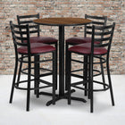 Flash Furniture 30" Round Walnut Laminate Table Set with X-Base & 4 Ladder Back Metal Barstools - Burgundy Vinyl Seat-Set Includes 4 Barstools, Round Table Top and X-Base