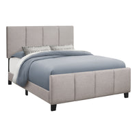 Monarch Specialties 6025Q Queen Size Bed - Grey Linen-Upholstered queen-size platform bed with a square-tufted headboard, footboard, and side rails in a grey linen-look fabric