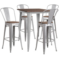 Flash Furniture 31.5" Square Silver Wood Top Metal Bar Table Set and 4 Stools-Silver/Galvanized Steel, Metal, Plastic, Rubber, Wood