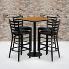 Flash Furniture 30'' Square Natural Laminate Table Set with Round Base and 4 Ladder Back Metal Bar Stools, Black Vinyl Seat-Set Includes 4 Bar Stools, Square Table Top and Round Base