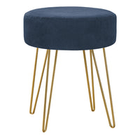 Monarch Specialties 9002 Ottoman - Blue Fabric/Gold Metal Legs-Round ottoman with a padded seat for comfort and upholstered in a blue fabric with a plush texture