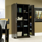 Sauder Home Plus Storage Cabinet with Two Adjustable Shelves, Dakota Oak-Swing-out storage door features three adjustable and three fixed shelves