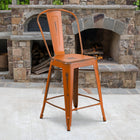 Flash Furniture Commercial Grade 24" High Distressed Orange Metal Indoor-Outdoor Counter Height Stool with Back-Floor Protector Rubber Glides