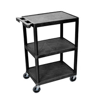 Luxor 3-Shelf Utility Cart, 24"x18", Black, (HE34-B)-The HE34 is a three shelf black utility cart made of high density polyethylene structural foam molded plastic shelves and legs that won't stain, scratch, dent or rust.