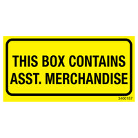 SPC This Box Contains Assorted Merchandise - 1-1/2" x 3" - Black on Yellow - 500 Pack-Label Description "This Box Contains Asst Merchandise"