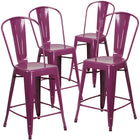 Flash Furniture Commercial Grade 24" High Purple Metal Indoor-Outdoor Counter Height Stool with Back-Curved Back with Vertical Slat