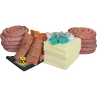 Zenith Safety 95-Gallon Shop Spill Kits, Hazmat, Without Container-Contents: 100 Sorbent pads (15" x 17"), 10 Sorbent socks (3" x 120"), 8 Sorbent pillows (8" x 18") , 1 Drain cover (36" x 36"), 1 Caution tape (3" x 300') , 2 Pairs nitrile gloves, 2-XL (11), 2 Pairs safety goggles , 2 Microporous coveralls, XL , 10 Disposal bags (26" x 36")