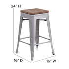 Flash Furniture - Tabouret à hauteur de comptoir de 24 po en métal argenté sans dossier et siège carré en bois-Siège en bois d'orme texturé noyer