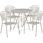 30'' Round Light Grey Indoor-Outdoor Steel Folding Patio Table Set with 4 Round Back Chairs [CO-30RDF-03CHR4-SIL-GG]-Light Grey Powder Coat Finish
