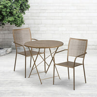 Table de jardin ronde (30po) et pliable en acier doré et 2 chaises au dossier carré, intérieur/extérieur [CO-30RDF-02CHR2-GD-GG]-L’ensemble comprend une table pliable et deux chaises