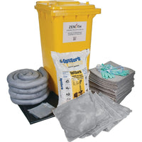 Zenith Safety 63-Gallon Mobile Spill Kits, Universal, With Mobile Container-Contents: 100 Sorbent Pads (15" x 17"), 4 Sorbent Socks (3" x 120"), 4 Sorbent Pillows (18" x 18"), 1 Drain Cover (36" x 36"), 1 Optisorb (25-lb. Bag), 2 Pairs Nitrile Gloves, 2XL (11) , 2 Pair Safety Goggles (One Size), 3 Disposal Bags (26" x 36")