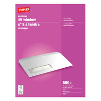 Staples #9 Gummed White Window Envelopes - 3-7/8" x 8-7/8" - 500 Pack-The #9 window envelope fits neatly into #10 envelopes to use as  remittance or can be used to send small cheques, statements, invoices, forms and more