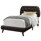 Monarch Specialties 5982T Twin Size Bed - Brown Leather-Look With Wood Legs-Upholstered and padded brown leather-look diamond tufted headboard with contemporary framing