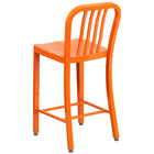 Flash Furniture Commercial Grade 24" High Orange Metal Indoor-Outdoor Counter Height Stool with Vertical Slat Back - 2 Pack-Ergonomic Contoured Seat