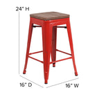 Flash Furniture - Tabouret à hauteur de comptoir de 24 po en métal rouge sans dossier et siège carré en bois-Siège Largeur: 13,5 po 12 pouces
