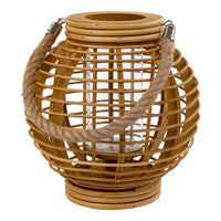 Truu Design Round Wooden Rattan Lantern with Rope Handle, 9.5 x 9 inches, Brown-Material: frame made of durable wood