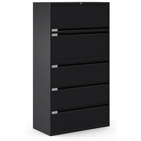 Global 5 Drawer Filing Cabnet, Black-Four fixed front drawers plus top drawer with receding door and roll-out shelf