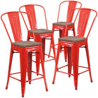 Flash Furniture 24" High Metal Counter Height Stool with Back & Wood Seat - Red-Curved Back with Vertical Slat