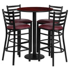 Flash Furniture 30" Round Mahogany Laminate Table Set with Round Base & 4 Ladder Back Metal Barstools - Burgundy Vinyl Seat-Bar Height Table and Stool Set