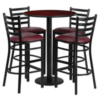 Flash Furniture 30" Round Mahogany Laminate Table Set with Round Base & 4 Ladder Back Metal Barstools - Burgundy Vinyl Seat-Bar Height Table and Stool Set