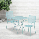 28'' Square Sky Blue Indoor-Outdoor Steel Folding Patio Table Set with 2 Square Back Chairs [CO-28SQF-02CHR2-SKY-GG]-Set Includes Folding Table and 2 Chairs