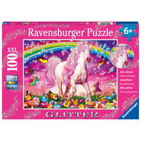 Ravensburger Horse Dream 100-Piece Glitter Puzzle-About This 100pc Puzzle: Dazzle a young animal-lover with a majestic horse resplendent with a pink mane prancing under a glittering rainbow in our lovely “Horse Dream” puzzle