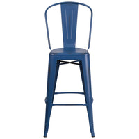 Flash Furniture Commercial Grade 30" High Distressed Antique Metal Indoor-Outdoor Barstool with Back - Blue-Set of 4 Bistro Style Bar Stools