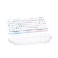Logitech G713 LightSync RGB Wired Gaming Keyboard - Tactile Switch - White-Cloud-soft Comfort: Float away with G713’s dreamy white design and comfy, cloud-shaped palm rest, compact mechanical TKL keyboard layout and adjustable height give that good game feeling, all-day long