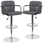 Flash Furniture Contemporary Quilted Vinyl Adjustable Height Barstools with Arms & Chrome Base - Grey - 2 Pack-Mid-Back Design