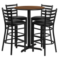 Flash Furniture 30" Round Walnut Laminate Table Set with X-Base & 4 Ladder Back Metal Barstools - Black Vinyl Seat-Bar Height Table and Stool Set